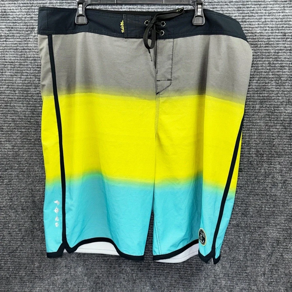 Salt Life SLX-QD Vapor Stretch Board Shorts Mens 38 Ombre Grey Yellow Blue Swim